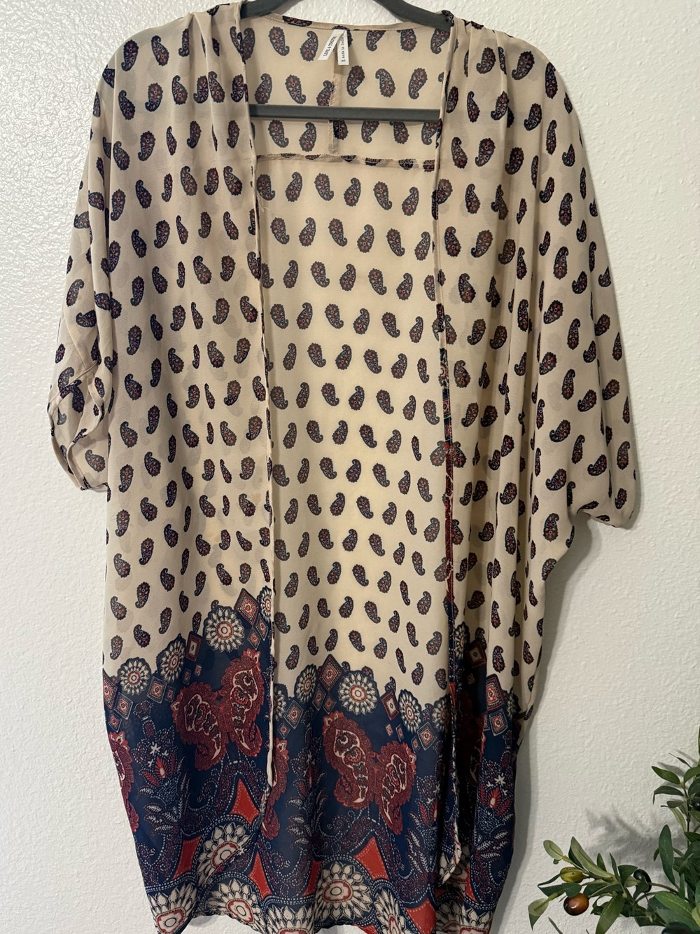 Beige Paisley Kimono Cover-Up with Navy & Rust Border